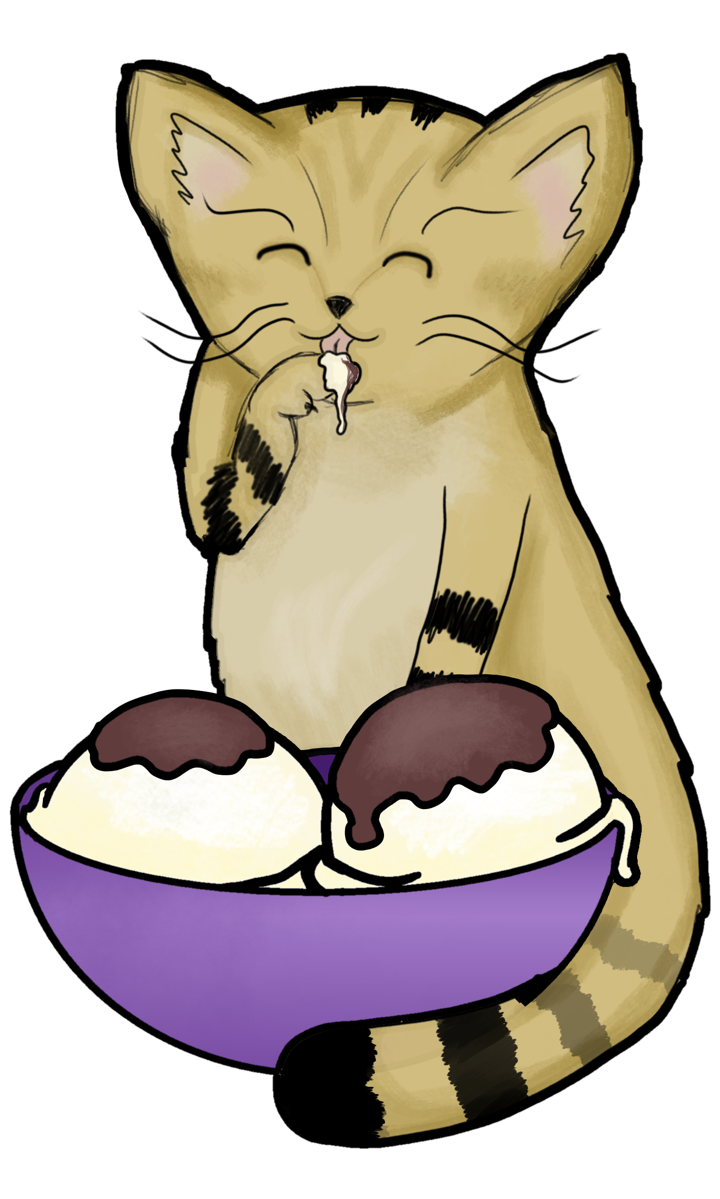 A wide-eared yellow cat next to a bowl of ice cream scoops that are topped with chocolate syrup. The sand cat ('felis margarita') is licking a drip off a paw. Made for a friend's social media.